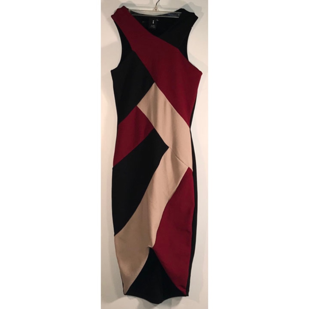 Color-blocked cocktail dress, red black and beige